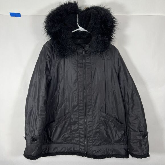 BCBG MAXAZRIA Barrett Quilted Full Zip Jacket Womens Large Black Faux Fur Hood - Picture 1 of 14